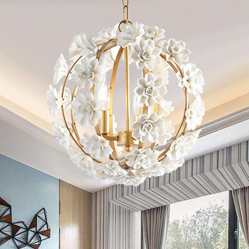 Gold Globe Ceiling Chandelier Modernism Metal 3 Heads Hanging Light Fixture with White Flowers Gold Clearhalo 'Ceiling Lights' 'Chandeliers' Lighting' options 246423_28ebafc3-34d6-472d-9c85-84c55d244ba0