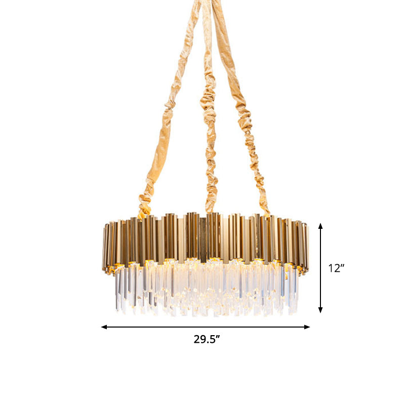 Crystal Icicles Gold Hanging Light Drum Shaped 10/15-Bulb Postmodern Pendant Chandelier, 21.5"/28" Dia Clearhalo 'Ceiling Lights' 'Chandeliers' 'Modern Chandeliers' 'Modern' Lighting' 2464501