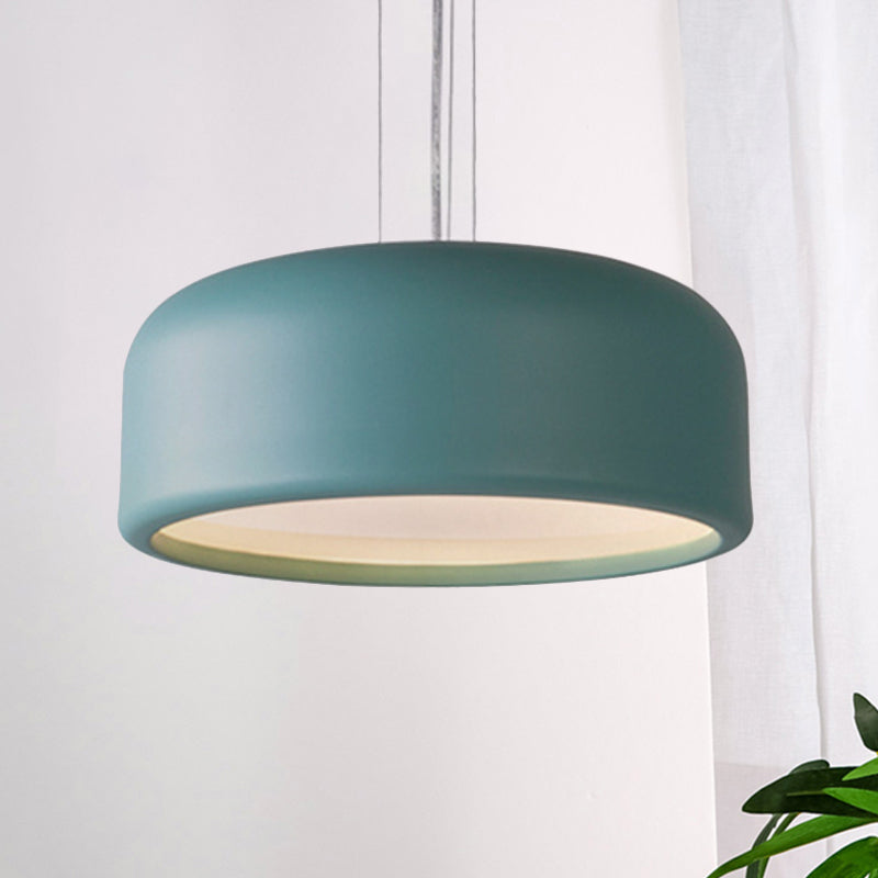 1 Light Bedroom Pendant with Drum Metal Shade Modernist Pink/Blue/Green Hanging Light Kit with Recessed Diffuser, 14"/19"/23.5" Wide Blue Clearhalo 'Ceiling Lights' 'Modern Pendants' 'Modern' 'Pendant Lights' 'Pendants' Lighting' 246451