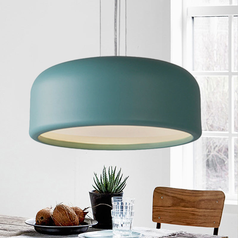 1 Light Bedroom Pendant with Drum Metal Shade Modernist Pink/Blue/Green Hanging Light Kit with Recessed Diffuser, 14"/19"/23.5" Wide Clearhalo 'Ceiling Lights' 'Modern Pendants' 'Modern' 'Pendant Lights' 'Pendants' Lighting' 246452