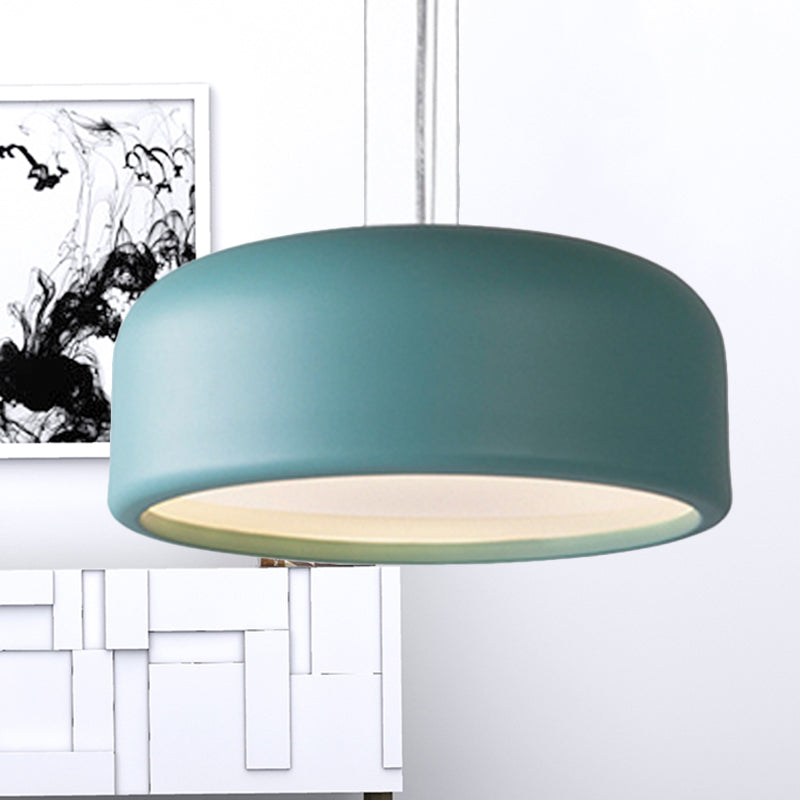 1 Light Bedroom Pendant with Drum Metal Shade Modernist Pink/Blue/Green Hanging Light Kit with Recessed Diffuser, 14"/19"/23.5" Wide Clearhalo 'Ceiling Lights' 'Modern Pendants' 'Modern' 'Pendant Lights' 'Pendants' Lighting' 246453