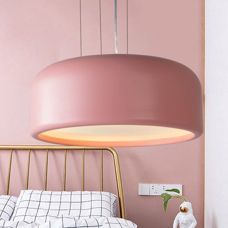 1 Light Bedroom Pendant with Drum Metal Shade Modernist Pink/Blue/Green Hanging Light Kit with Recessed Diffuser, 14"/19"/23.5" Wide Pink Clearhalo 'Ceiling Lights' 'Modern Pendants' 'Modern' 'Pendant Lights' 'Pendants' Lighting' 246454
