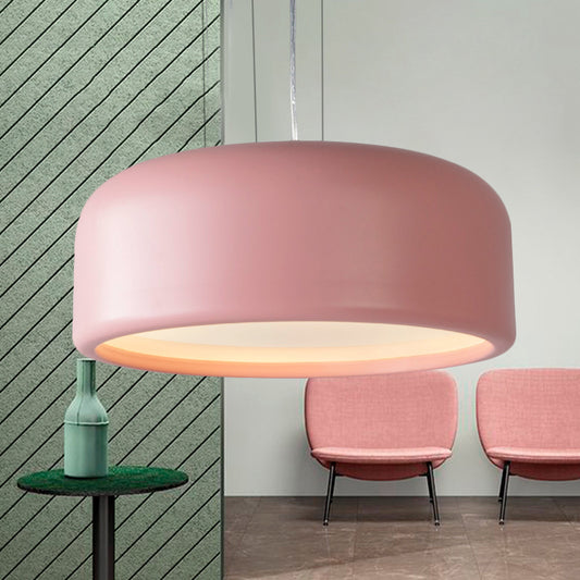 1 Light Bedroom Pendant with Drum Metal Shade Modernist Pink/Blue/Green Hanging Light Kit with Recessed Diffuser, 14"/19"/23.5" Wide Clearhalo 'Ceiling Lights' 'Modern Pendants' 'Modern' 'Pendant Lights' 'Pendants' Lighting' 246455
