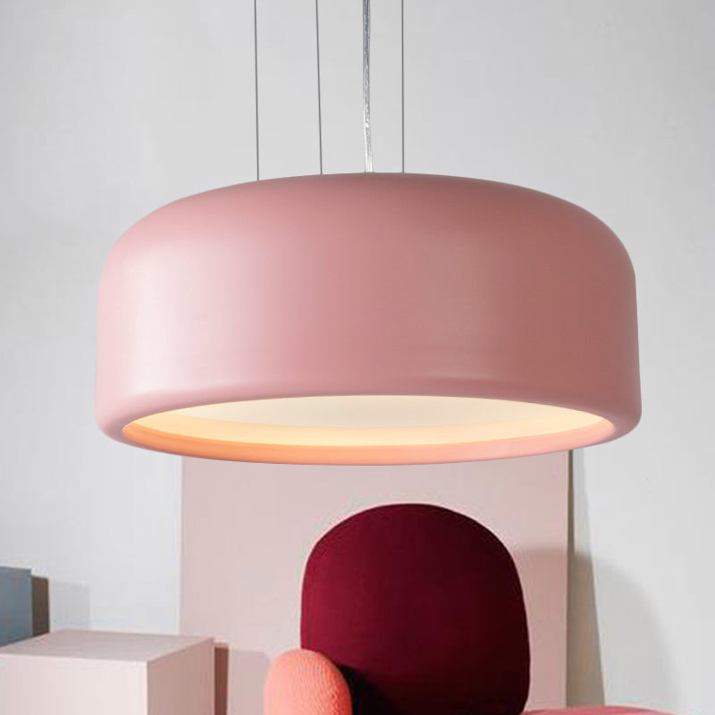 1 Light Bedroom Pendant with Drum Metal Shade Modernist Pink/Blue/Green Hanging Light Kit with Recessed Diffuser, 14"/19"/23.5" Wide Clearhalo 'Ceiling Lights' 'Modern Pendants' 'Modern' 'Pendant Lights' 'Pendants' Lighting' 246456