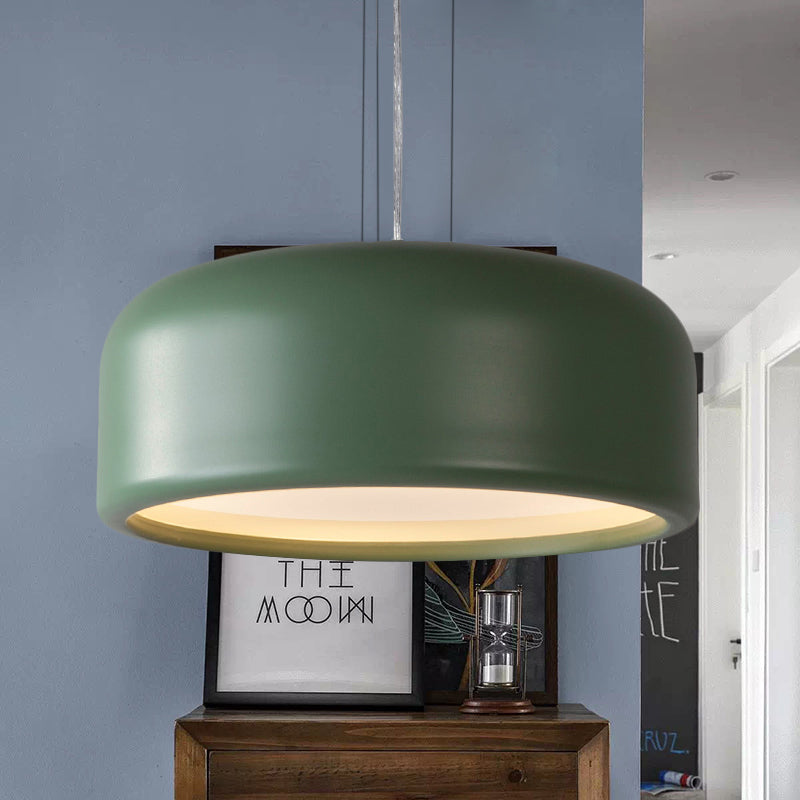 1 Light Bedroom Pendant with Drum Metal Shade Modernist Pink/Blue/Green Hanging Light Kit with Recessed Diffuser, 14"/19"/23.5" Wide Clearhalo 'Ceiling Lights' 'Modern Pendants' 'Modern' 'Pendant Lights' 'Pendants' Lighting' 246458