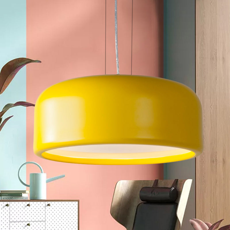 1 Light Bedroom Pendant with Drum Metal Shade Modernist Pink/Blue/Green Hanging Light Kit with Recessed Diffuser, 14"/19"/23.5" Wide Yellow Clearhalo 'Ceiling Lights' 'Modern Pendants' 'Modern' 'Pendant Lights' 'Pendants' Lighting' 246460