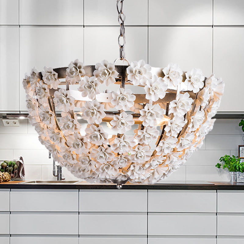 16"/19.5" Wide Hemisphere Chandelier Lighting Modern Metal Silver/Gold 3 Bulbs Hanging Ceiling Light with Ceramic Flowers Silver Clearhalo 'Ceiling Lights' 'Chandeliers' Lighting' options 246463_b51137c1-0400-4585-8148-a0eb2cf70cf4