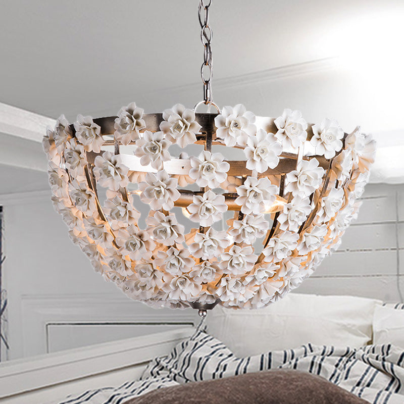 16"/19.5" Wide Hemisphere Chandelier Lighting Modern Metal Silver/Gold 3 Bulbs Hanging Ceiling Light with Ceramic Flowers Clearhalo 'Ceiling Lights' 'Chandeliers' Lighting' options 246464