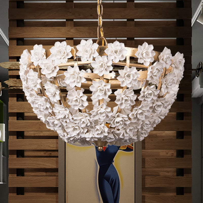 16"/19.5" Wide Hemisphere Chandelier Lighting Modern Metal Silver/Gold 3 Bulbs Hanging Ceiling Light with Ceramic Flowers Gold Clearhalo 'Ceiling Lights' 'Chandeliers' Lighting' options 246465_24af4b84-3a55-4ba4-bc5a-f399b3110737