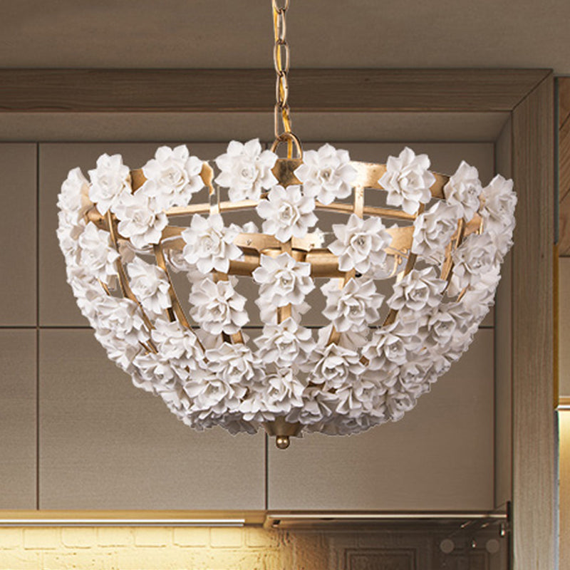 16"/19.5" Wide Hemisphere Chandelier Lighting Modern Metal Silver/Gold 3 Bulbs Hanging Ceiling Light with Ceramic Flowers Clearhalo 'Ceiling Lights' 'Chandeliers' Lighting' options 246466