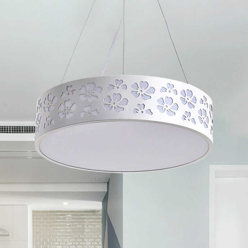 Drum Hanging Light Nordic Metal LED White Ceiling Light with Etched Flower in White/Warm/Natural Light, 12"/15"/19" Wide White Clearhalo 'Ceiling Lights' 'Modern Pendants' 'Modern' 'Pendant Lights' 'Pendants' Lighting' 246467