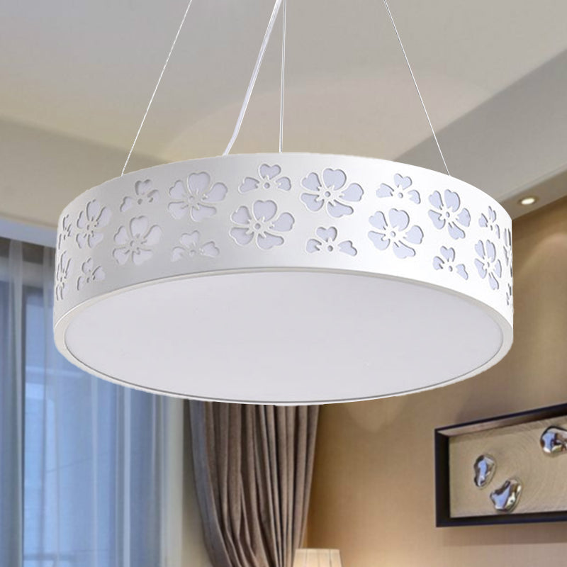 Drum Hanging Light Nordic Metal LED White Ceiling Light with Etched Flower in White/Warm/Natural Light, 12"/15"/19" Wide Clearhalo 'Ceiling Lights' 'Modern Pendants' 'Modern' 'Pendant Lights' 'Pendants' Lighting' 246468