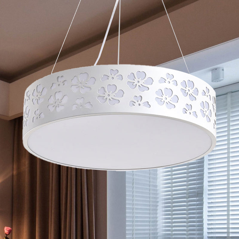 Drum Hanging Light Nordic Metal LED White Ceiling Light with Etched Flower in White/Warm/Natural Light, 12"/15"/19" Wide Clearhalo 'Ceiling Lights' 'Modern Pendants' 'Modern' 'Pendant Lights' 'Pendants' Lighting' 246469