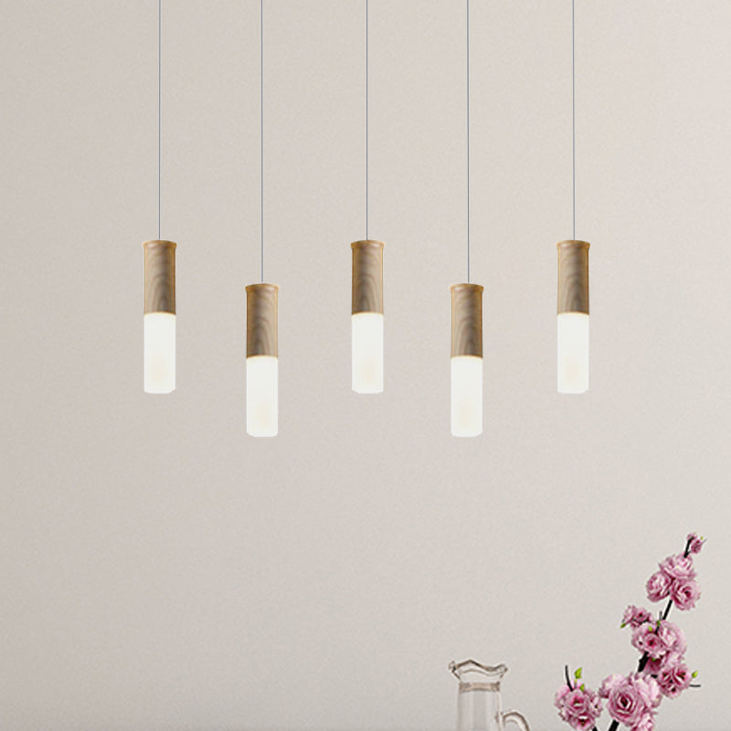 Tubular Wood LED Pendant Light Contemporary 1/5/7/9-Head Kitchen Ceiling Hanging Lamp with Diffuser 5 Wood Clearhalo 'Ceiling Lights' 'Pendant Lights' 'Pendants' Lighting' 246476_b79d387b-e4ed-48f5-a4bf-cc4c214f78e6