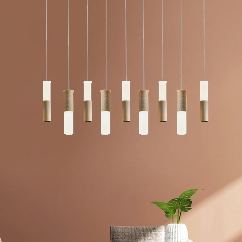 Tubular Wood LED Pendant Light Contemporary 1/5/7/9-Head Kitchen Ceiling Hanging Lamp with Diffuser 9 Wood Clearhalo 'Ceiling Lights' 'Pendant Lights' 'Pendants' Lighting' 246482_3000ba59-641a-46ef-be15-1dfd748423a2