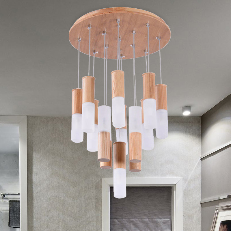 Tubular Wood LED Pendant Light Contemporary 1/5/7/9-Head Kitchen Ceiling Hanging Lamp with Diffuser 13 Wood Clearhalo 'Ceiling Lights' 'Pendant Lights' 'Pendants' Lighting' 246485_68a01ed8-5095-48c4-8de9-aef79ffeca21