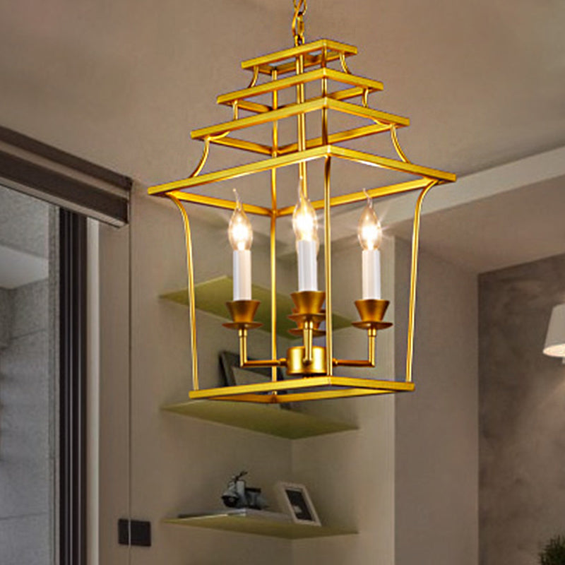 4 Heads Metal Chandelier Vintage Style Gold Cage Shade Living Room Pendant Light with Adjustable Chain Clearhalo 'Ceiling Lights' 'Chandeliers' Lighting' options 246493