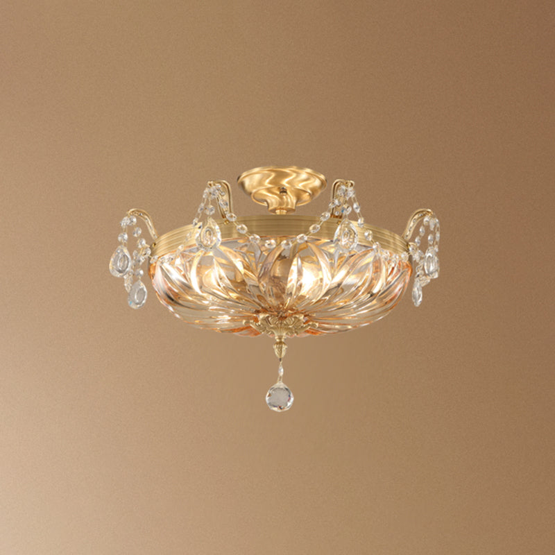 5-Light Shaded Flush Ceiling Light Vintage Brass Amber Glass Semi Flush Mount Lighting for Living Room Brass Crown Clearhalo 'Ceiling Lights' 'Close To Ceiling Lights' 'Close to ceiling' 'Semi-flushmount' Lighting' 2465032