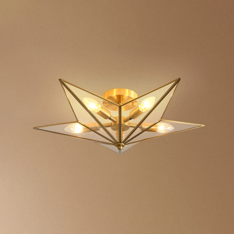 5-Light Shaded Flush Ceiling Light Vintage Brass Amber Glass Semi Flush Mount Lighting for Living Room Brass Star Clearhalo 'Ceiling Lights' 'Close To Ceiling Lights' 'Close to ceiling' 'Semi-flushmount' Lighting' 2465033