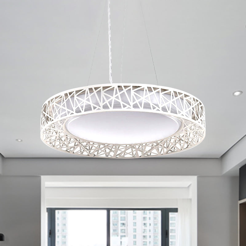 Drum Hanging Pendant Light Nordic Metal LED White Ceiling Light with Hollow Design in White/Warm/Natural Light, 12"/15"/19" Wide White Clearhalo 'Ceiling Lights' 'Modern Pendants' 'Modern' 'Pendant Lights' 'Pendants' Lighting' 246509