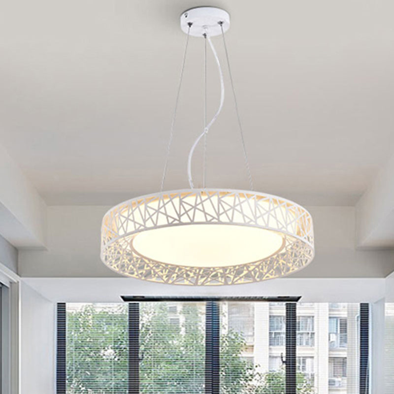 Drum Hanging Pendant Light Nordic Metal LED White Ceiling Light with Hollow Design in White/Warm/Natural Light, 12"/15"/19" Wide White Warm Clearhalo 'Ceiling Lights' 'Modern Pendants' 'Modern' 'Pendant Lights' 'Pendants' Lighting' 246510