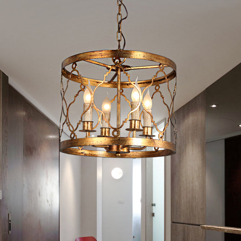 Metal Drum Shade Chandelier Lamp Retro 4-Head Bedroom Pendant Ceiling Light in Gold Clearhalo 'Ceiling Lights' 'Chandeliers' Lighting' options 246511