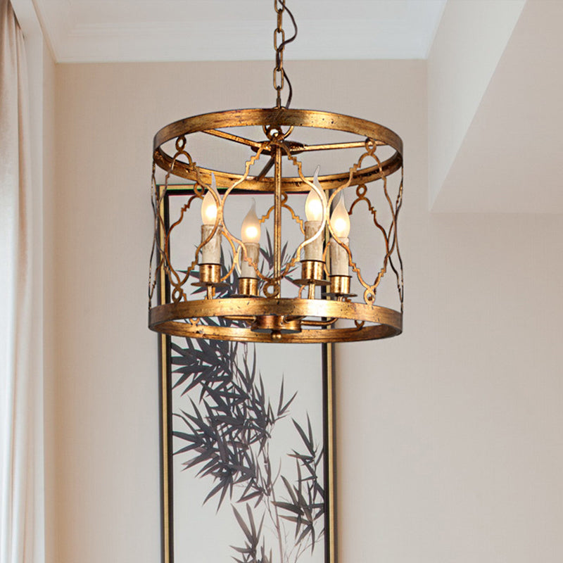 Metal Drum Shade Chandelier Lamp Retro 4-Head Bedroom Pendant Ceiling Light in Gold Clearhalo 'Ceiling Lights' 'Chandeliers' Lighting' options 246512