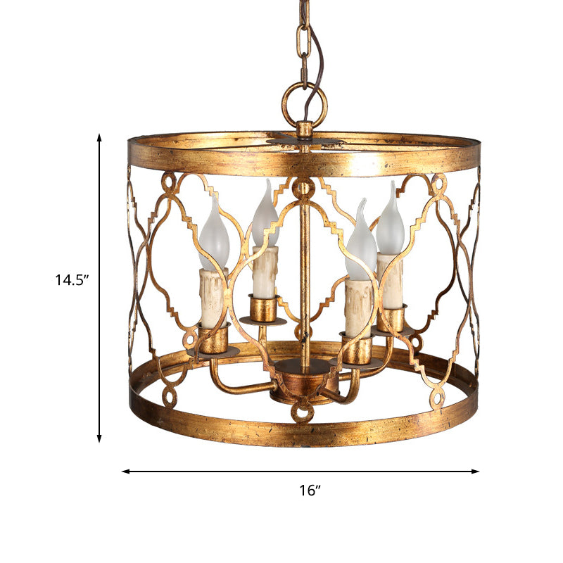 Metal Drum Shade Chandelier Lamp Retro 4-Head Bedroom Pendant Ceiling Light in Gold Clearhalo 'Ceiling Lights' 'Chandeliers' Lighting' options 246513