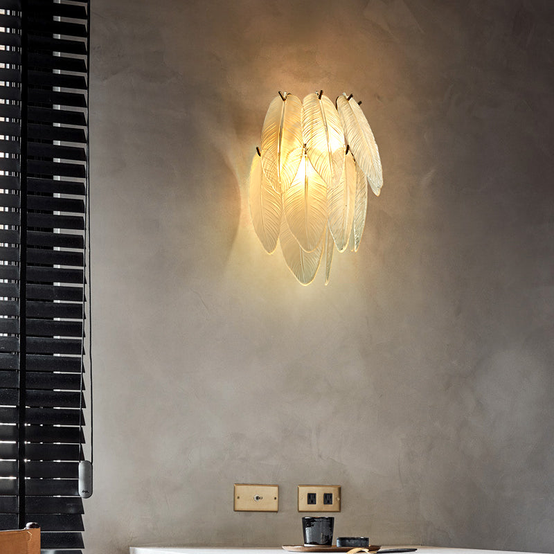 Clear Glass Leaf Sconce Lamp Art Deco 2-Bulb Brass Finish Wall Mounted Light for Dining Room Clearhalo 'Cast Iron' 'Glass' 'Industrial' 'Modern wall lights' 'Modern' 'Tiffany' 'Traditional wall lights' 'Wall Lamps & Sconces' 'Wall Lights' Lighting' 2465160