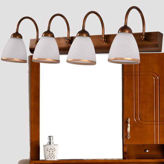 Brown 4-Head Vanity Lamp Traditional White Print Glass Bell Shaped Wall Mount Light 4.0 Brown Clearhalo 'Vanity Lights' 'Wall Lights' Lighting' 2465229