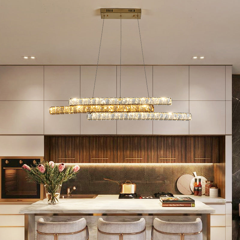 Crystal Encrusted Linear Island Light Fixture Minimalist LED Gold Suspension Pendant Light Clearhalo 'Ceiling Lights' 'Island Lights' Lighting' 2465257