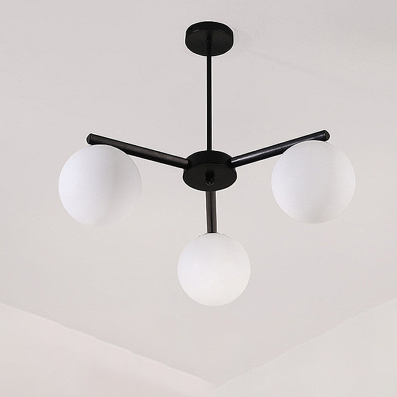 White Glass Globe Hanging Chandelier Traditional 3/6/8 Light Living Room Pendant Light in Black with Sunburst Design Clearhalo 'Ceiling Lights' 'Chandeliers' 'Close To Ceiling Lights' 'Glass shade' 'Glass' Lighting' 246526