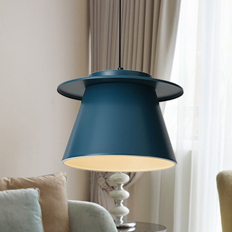 Barrel Shape Pendant Lamp Modernist Metal 1 Light Black/Brown/Blue Hanging Ceiling Light for Restaurant Blue Clearhalo 'Ceiling Lights' 'Modern Pendants' 'Modern' 'Pendant Lights' 'Pendants' Lighting' 246532