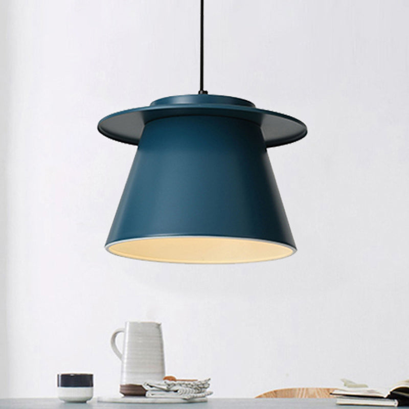 Barrel Shape Pendant Lamp Modernist Metal 1 Light Black/Brown/Blue Hanging Ceiling Light for Restaurant Clearhalo 'Ceiling Lights' 'Modern Pendants' 'Modern' 'Pendant Lights' 'Pendants' Lighting' 246533