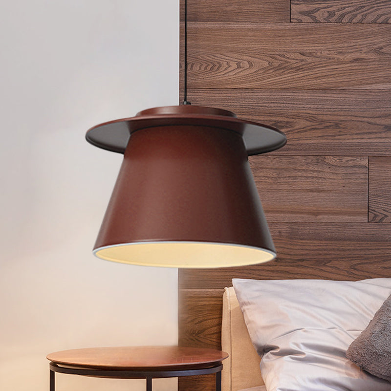 Barrel Shape Pendant Lamp Modernist Metal 1 Light Black/Brown/Blue Hanging Ceiling Light for Restaurant Brown Clearhalo 'Ceiling Lights' 'Modern Pendants' 'Modern' 'Pendant Lights' 'Pendants' Lighting' 246534