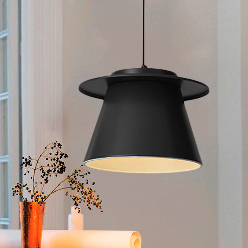 Barrel Shape Pendant Lamp Modernist Metal 1 Light Black/Brown/Blue Hanging Ceiling Light for Restaurant Black Clearhalo 'Ceiling Lights' 'Modern Pendants' 'Modern' 'Pendant Lights' 'Pendants' Lighting' 246536