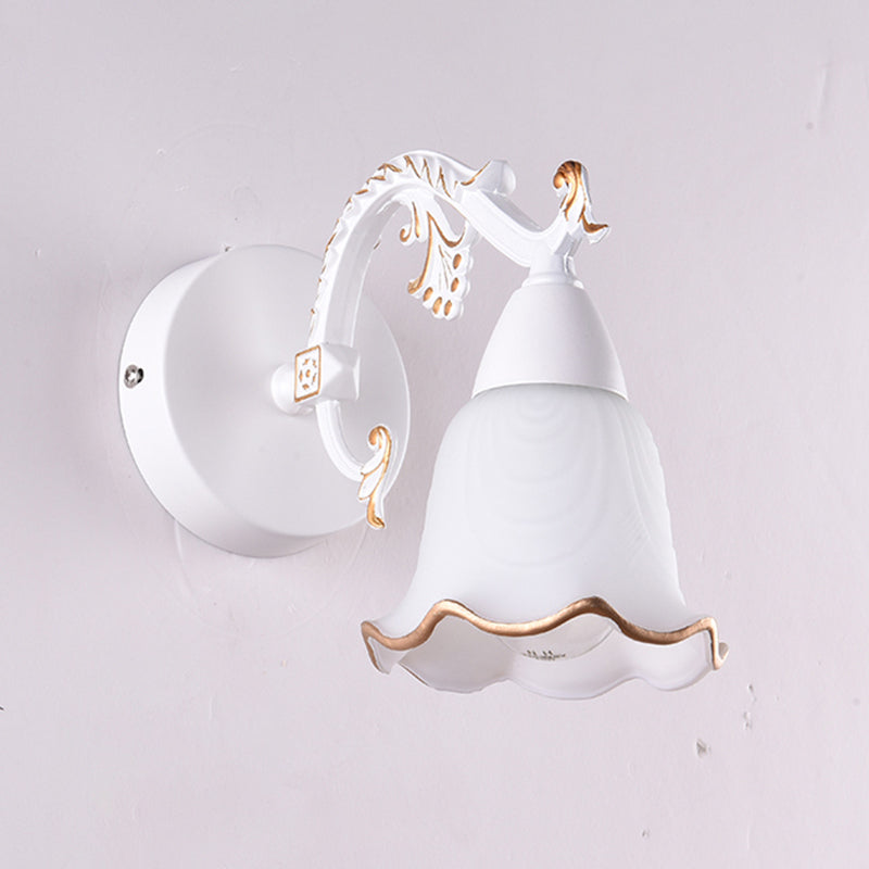 Classic Flower Vanity Wall Sconce Ivory Glass Wall Mount Lighting Fixture for Bath 1.0 White Clearhalo 'Vanity Lights' 'Wall Lights' Lighting' 2465581