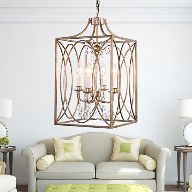 Rectangle Living Room Hanging Lamp Traditional Metal 4 Bulbs Brass Chandelier Pendant Light with Cascading Crystal Clearhalo 'Ceiling Lights' 'Chandeliers' Lighting' options 246581