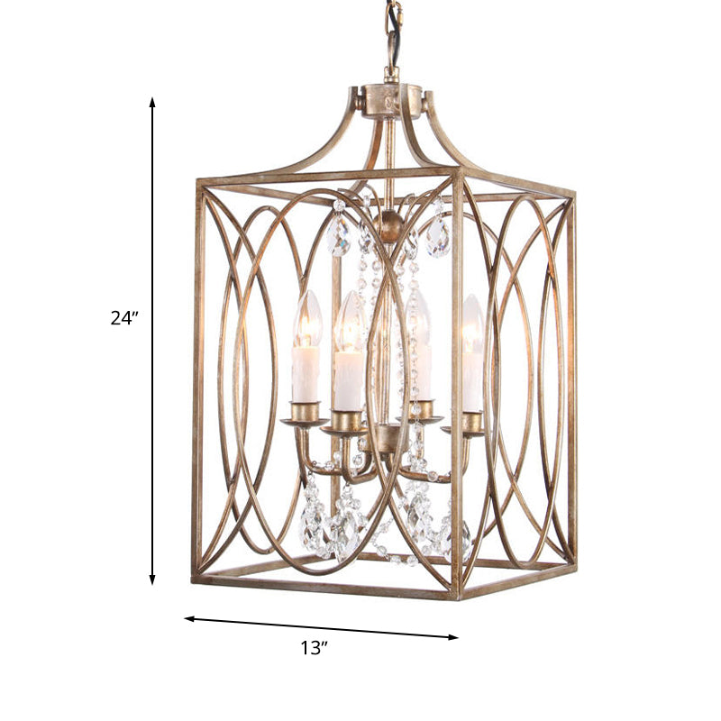 Rectangle Living Room Hanging Lamp Traditional Metal 4 Bulbs Brass Chandelier Pendant Light with Cascading Crystal Clearhalo 'Ceiling Lights' 'Chandeliers' Lighting' options 246583