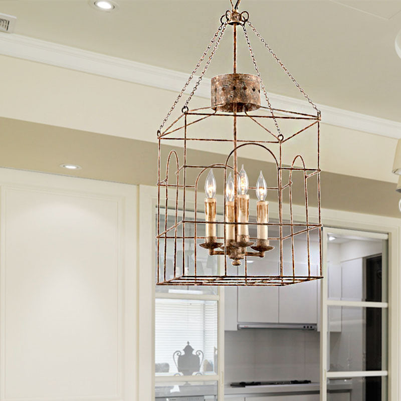 Rust Rectangular Pendant Chandelier Rural Metal 4 Heads Dining Room Hanging Ceiling Light Clearhalo 'Ceiling Lights' 'Chandeliers' Lighting' options 246598