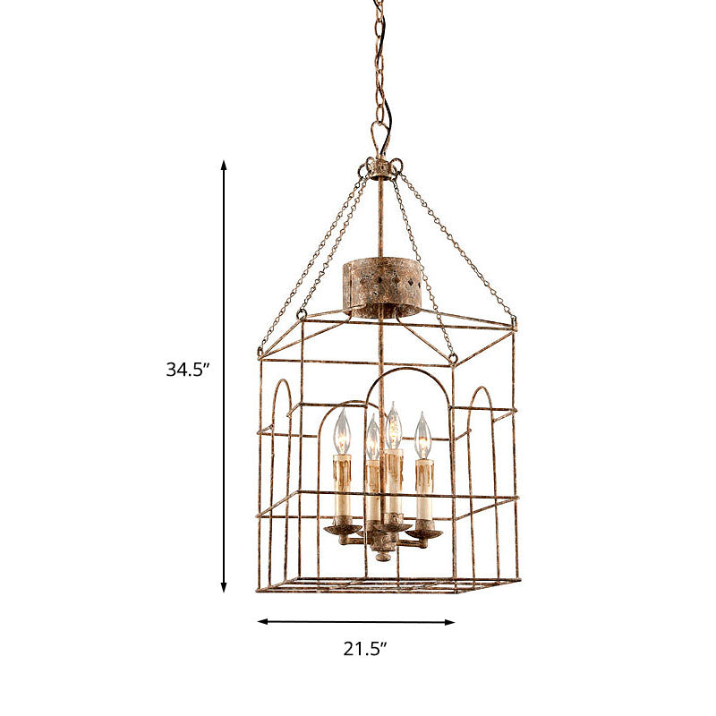 Rust Rectangular Pendant Chandelier Rural Metal 4 Heads Dining Room Hanging Ceiling Light Clearhalo 'Ceiling Lights' 'Chandeliers' Lighting' options 246600