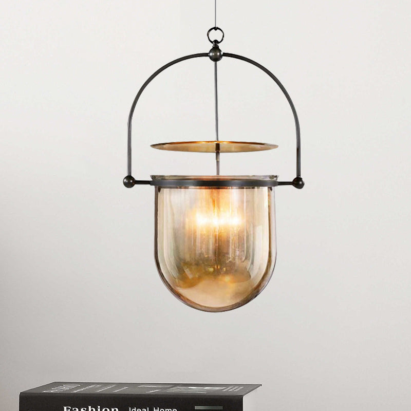 Cup-Shape Pendant Light with Skillet Design Contemporary Amber Glass 1 Light Black Led Ceiling Lamp Amber Clearhalo 'Ceiling Lights' 'Glass shade' 'Glass' 'Modern Pendants' 'Modern' 'Pendant Lights' 'Pendants' Lighting' 246601