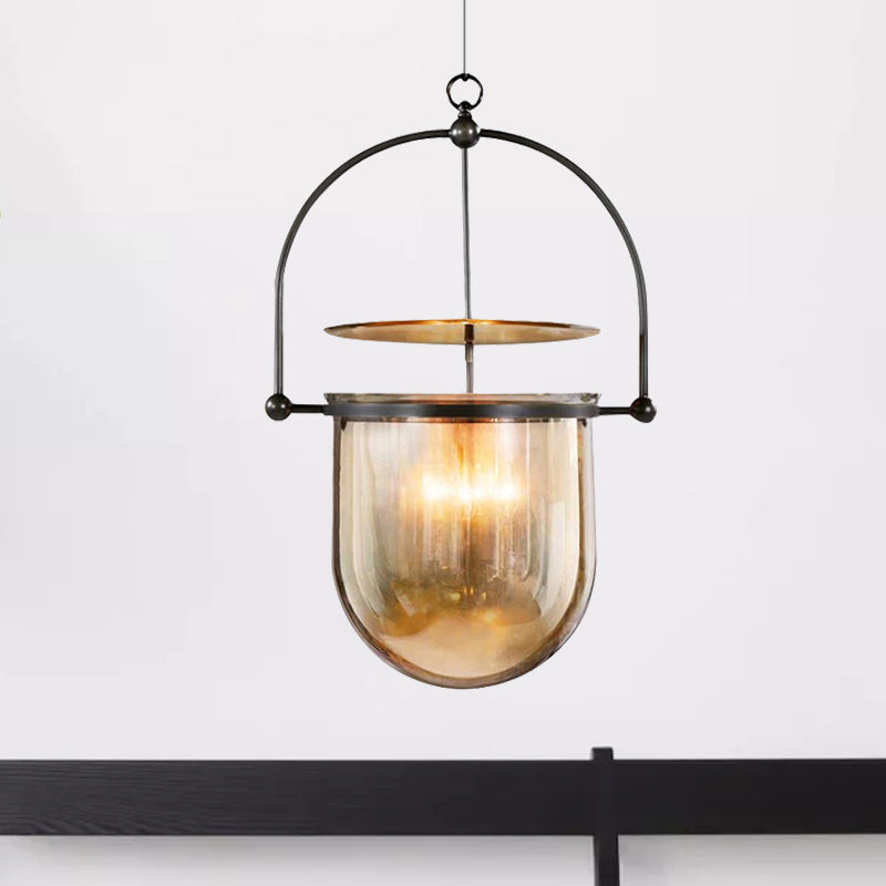 Cup-Shape Pendant Light with Skillet Design Contemporary Amber Glass 1 Light Black Led Ceiling Lamp Clearhalo 'Ceiling Lights' 'Glass shade' 'Glass' 'Modern Pendants' 'Modern' 'Pendant Lights' 'Pendants' Lighting' 246602