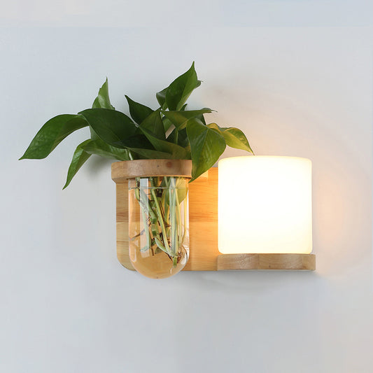 Cream Glass Cube Sconce Lamp Art Deco 1-Bulb Wood Wall Mount Light with Hydroponic Plant Pot Wood Left Clearhalo 'Industrial wall lights' 'Industrial' 'Middle century wall lights' 'Rustic wall lights' 'Tiffany' 'Wall Lamps & Sconces' 'Wall Lights' Lighting' 2466142