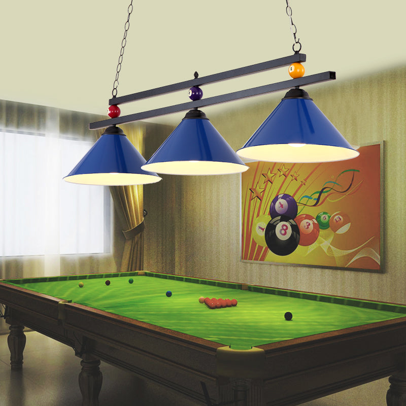 Conical Metal Hanging Island Light Industrial Billiard Club Suspension Pendant Light 3 Blue Clearhalo 'Ceiling Lights' 'Island Lights' Lighting' 2466195