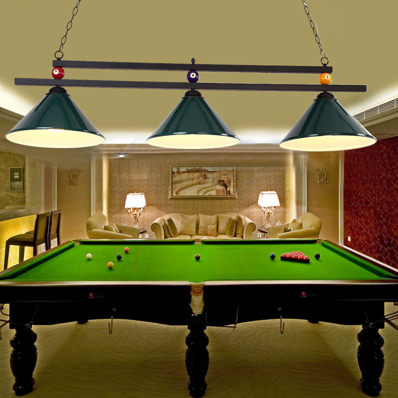 Conical Metal Hanging Island Light Industrial Billiard Club Suspension Pendant Light 3 Green Clearhalo 'Ceiling Lights' 'Island Lights' Lighting' 2466197