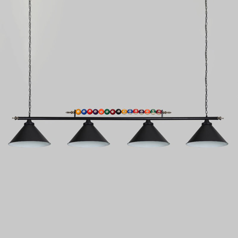 Iron Linear Island Ceiling Light Industrial Country Club Billiard Chandelier with Cone Shade 4 Black Straight Clearhalo 'Ceiling Lights' 'Island Lights' Lighting' 2466214