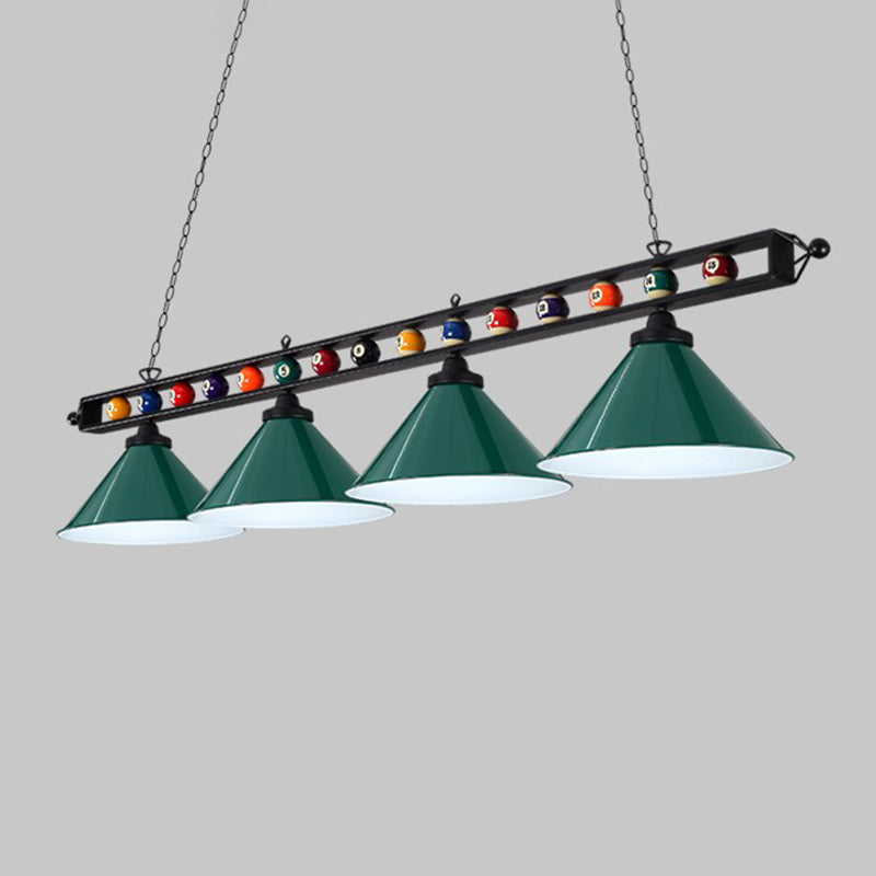 Iron Linear Island Ceiling Light Industrial Country Club Billiard Chandelier with Cone Shade 4 Green Metal Frame Clearhalo 'Ceiling Lights' 'Island Lights' Lighting' 2466216