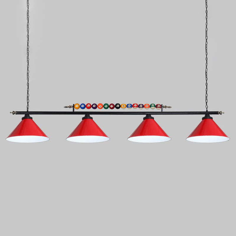 Iron Linear Island Ceiling Light Industrial Country Club Billiard Chandelier with Cone Shade 4 Red Straight Clearhalo 'Ceiling Lights' 'Island Lights' Lighting' 2466217