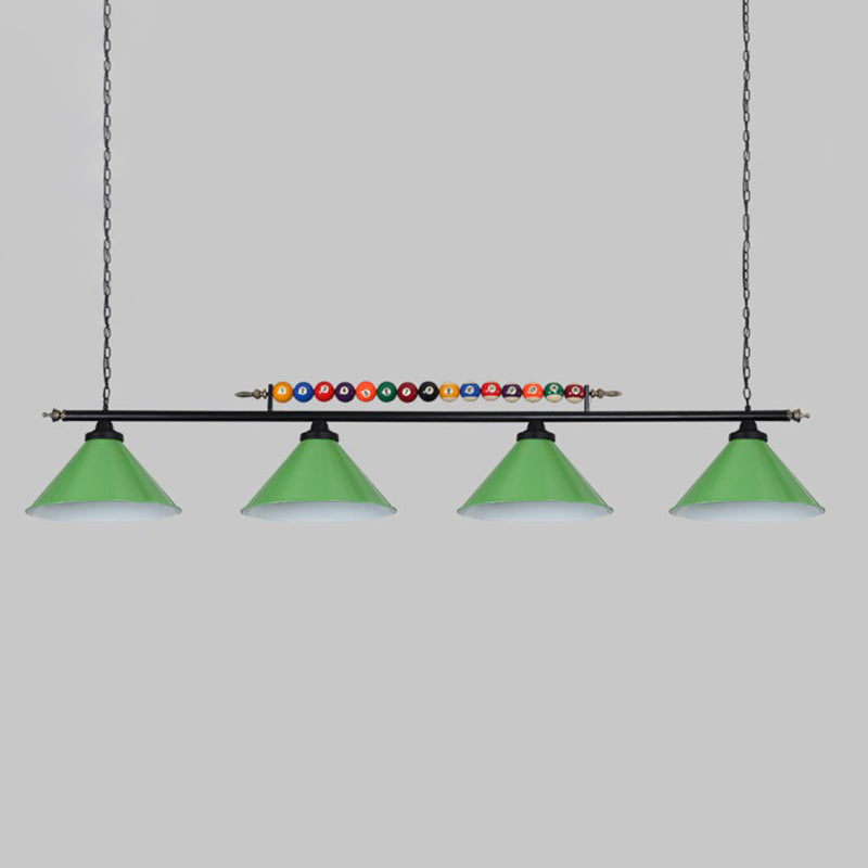 Iron Linear Island Ceiling Light Industrial Country Club Billiard Chandelier with Cone Shade 4 Green Straight Clearhalo 'Ceiling Lights' 'Island Lights' Lighting' 2466220